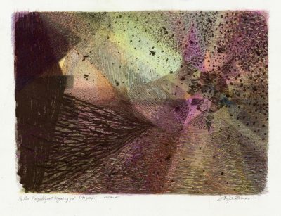 Håndkolorert litografi. Lys, liv og geometri. Mørke, dør og kaos. Sonja Bunes 2017