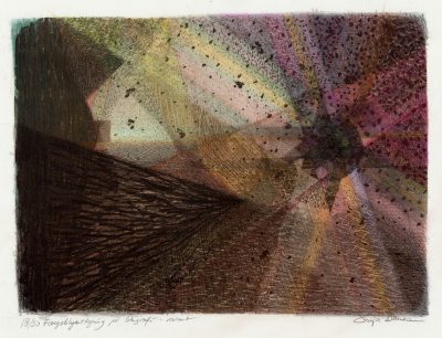 Håndkolorert litografi. Lys, liv og geometri. Mørke, dør og kaos. Sonja Bunes 2017