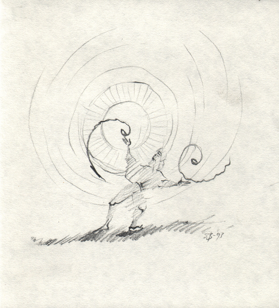 En ung mann hyller sine hormoner med en dans i solen. Leken strek fra 1993. Liten skisse av Sonja Bunes.